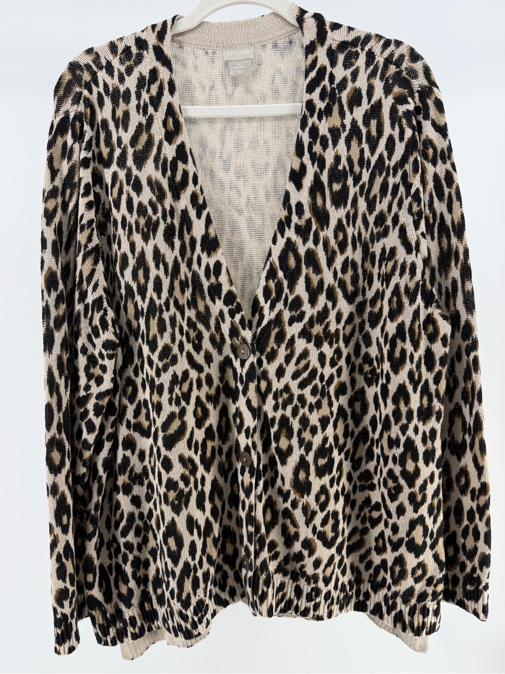 Chico's Linen Cotton V-Neck Leopard Print Cardigan Sweater, Women's XXL (4)
